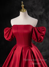Red Satin Off Shoulder Long Simple A-Line Wedding Party Dress, Red Long Evening Dress